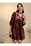 Brown Poplin Embroidered Gathered Mini Dress - 6