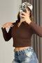 Women's polo neck ribbed crop blouse brown