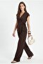 Women's Kelsey Asymmetrical Tie-Up Vest Elastic Waist Trousers Woven Brown Bottom Top Set - 2