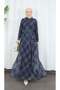 Patterned Belted Ruffled Collar Chiffon Dress Navy Blue Hnt7354