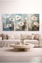 Ice Blue Toned White Flower Glass Painting Set of 3 with White Metal Frame Home and Office Painting