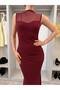 Women's Burgundy Waist-Cinched Tulle Embellished Dress - 4