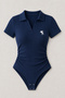 Rider Navy Blue Polo Collar Ribbed Lycra Embroidered Premium Drawstring Short Sleeve Bodysuit - 4