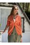 Women's Orange Hooded Star Embroidered Pocketed Drawstring Cotton Linen Shirt Jacket