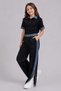 Girl's Polo Collar T-Shirt with Jean Detail on the Sleeves and Snap Slit Detail on the Hem, Black Top and Bottom Set