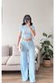 Women's Blue Crew Neck Blouse with Drawstring Detail & Wide Leg Pants with Ruffle Detail Gagari Set - 3