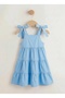Girl's Flounced Shoulder Lace-Up Woven Dress Blue - 4