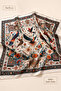 Women's Ecru Black Authentic Bird Patterned 70X70 cm Satin Scarf, Square Neck Scarf Hair Bag Accessory - 3