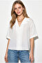 Women's White Self-Striped Open Collar Oversize Short Sleeve Shirt 60282055 - 5