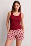 Women's Strawberry Patterned Shorts Pajama Set Burgundy Basic Undershirt Home Wear - Comfortable Summer Set