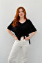 Women's Black Laser Cut V-Neck Short Front Long Back T-Shirt Nj161 - 2