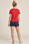 Navy Blue Red Heart Collar Detailed Embroidered Buttoned Cotton Knitted Shorts Pajama Set 8024 - 3