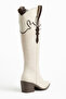 Beige Cream Skin Matte Leather Suede Cowboy Western Boots - 3