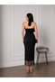 Women's Jacquard Patterned Black Polka Dot Open Back Halter Neck Long Dress with Tulle Detail - 4