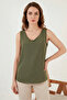 Women's V-Neck Zero Sleeve Khaki Blouse - 2