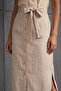 Women's Beige High Waist Belted and Button Detailed Summer Sofia Linen Skirt - 2
