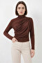 Women's Turtleneck Gathered Light Brown Blouse - 5