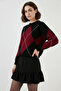 Women's Round Neck Diamond Patterned Black Skirt