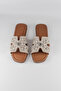 Women's Beige Pearl and Stone Detailed Genuine Leather Comfortable Stylish H Slippers - 4