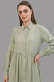 Women's Shirt Collar, Gathered Waist, Balloon Sleeves, Buttoned, Green, Hijab Dress - 4