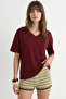 V-Neck Oversize Basic Knitted T-Shirt Lzv0072 Bordo - 4