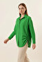 Women's Gathered Waist Oversize Long Basic Cotton Green Shirt - 4