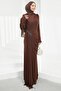 Brown Waist Gathered Stone Evening Dress - 4
