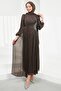 Brown Evening Dress with Elastic Sleeves and Stone Detail