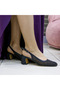 Black Stone Tulle Slingback Women's Thick Heeled Evening Dress Shoes - 3