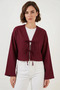 Women's V-Neck Front Tie Linen Burgundy Kimono - 5