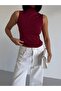 Women's Burgundy Stand Collar Zero Sleeve Sandy Fabric Blouse