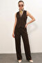 Women's V-Neck Patterned Scarf Brown Set - 3