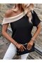 Women's One-Shoulder Asymmetrical Collar Detailed Double Color Imported Crepe Blouse - 2