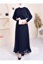 Long Cape Detailed Chiffon Evening Dress - Navy Blue - 2