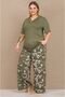 Khaki Cotton Viscose Fabric Short Sleeve V-Neck Large Size Pajama Set