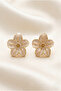 Ecru Enamel Flower Figured Gold Color Elegant Nail Earrings