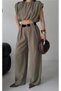 Women's Summer Belted Trousers and Crop Blouse Set Khaki - 6