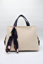 Women's Cream Navy Blue Large Size Inner Pocket Double Handle Scarf Detailed Useful Cross Strap Hand and Shoulder Bag - 2