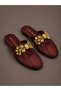 Women's Burgundy Patent Leather Large Stone Buckle Transparent Mesh Detailed Oval Toe Open Back Ballerinas - 4