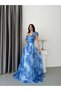Blue Strappy Shoulder Detailed Patterned Long Evening Dress - 3