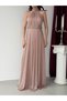 Powder-Colored Halter Neck Long Evening Dress with Waist Detail - 6