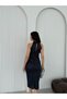 Navy Blue Glittery Draped Halter Neck Midi Evening Dress - 7