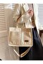 Women's Large Corduroy Tote Bag with Leather Handle and Long Shoulder Strap with Front Pockets - Beige - 2
