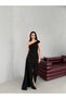 Black Asymmetrical Collar Long Dress with Waist Buckle - 3
