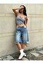 Women's Blue Washed Tasseled Loose Denim Shorts - 2