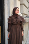 Women's Tulle Fabric Dress with Ribbon Detail on the Front and Elastic Waist in Brown - 3