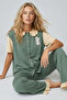 Green Collar Detailed Printed Buttoned Cotton Knitted Pajama Set 8010