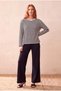 Women's Ecru / Black Striped 100% Cotton Knitwear Look Oversize Fit Crew Neck Long Sleeve Drop Shoulder T-Shirt Barbara