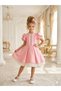 Girl's Ruffle Lace and Ribbon Detail Clown Collar Dress with Stone Detail on Balloon Sleeves - 2