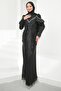 Black Gathered Front Janjan Evening Dress with Shoulder Detail